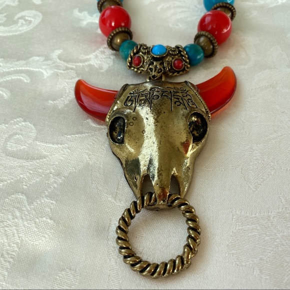Tibetan Necklace Yak Head, Red Horns, Red and Turquoise Color Beads, Wood Beads - Picture 3 of 9